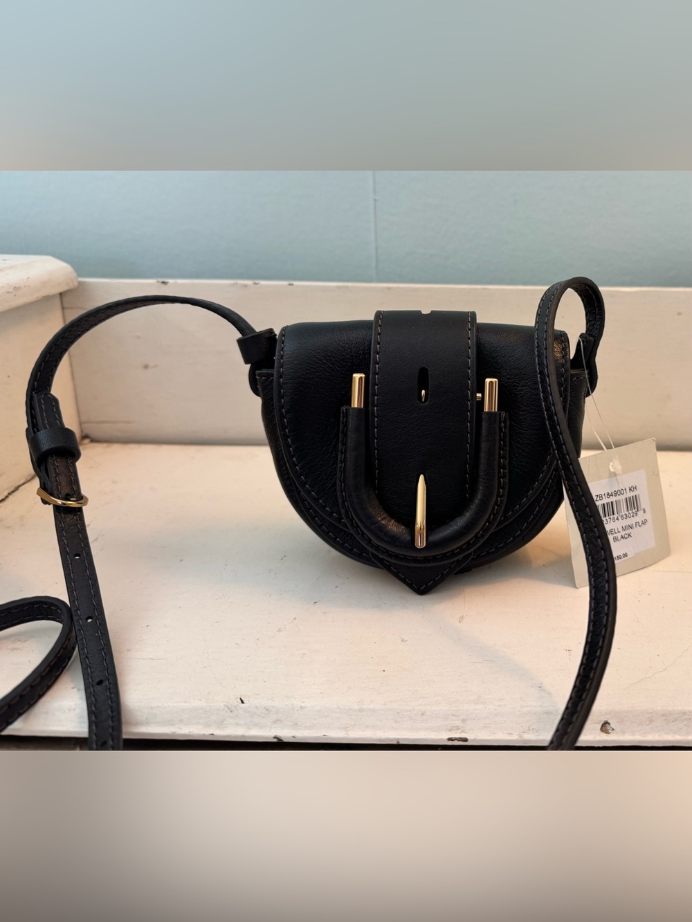 Fossil Mini Crescent Black Leather Crossbody with Gold Buckle Accent